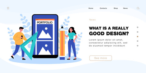 Process of online portfolio creation by artists. Tiny man and woman creating content with tools flat vector illustration. Service, art project concept for banner, website design or landing web page