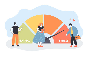 Tiny people measuring stress level of businessman. Scale with arrow to measure tension and overload of person flat vector illustration. Crisis concept for banner, website design or landing web page