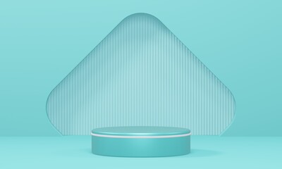 Empty minimalistic turquoise podium with white rim in studio lighting. A single cylinder on a turquoise background with an opening in the form of a rhombus with rounded edges. 3d render