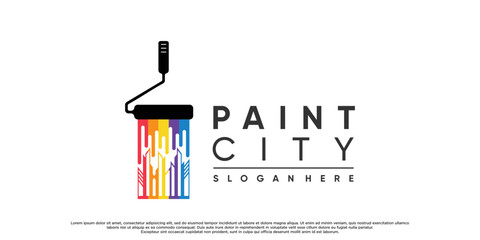 City painting logo design inspiration with brush element and rainbow color Premium Vector