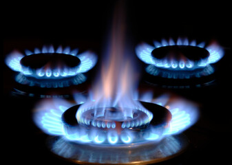 gas flame burns on a stove