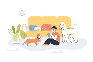 Obraz na płótnie Canvas Boy playing ball with dogs together at home. Communication and activity of little pets and child flat vector illustration. Leisure, fun time concept for banner, website design or landing web page