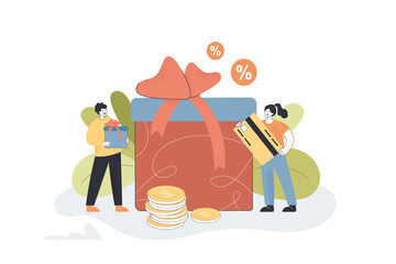 Gifts and discounts for tiny customers for loyalty to store. Tiny man holding present box and credit card flat vector illustration. Promotion concept for banner, website design or landing web page