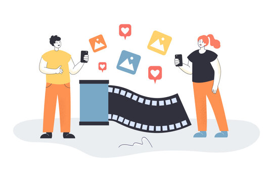 People sending likes to digital pictures in blog, social media. Tiny man and woman with film reel flat vector illustration. Online gallery concept for banner, website design or landing web page