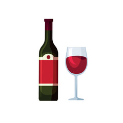 Wine bottle and glass isolated on white background. Alcoholic drinks. Glass and bottle concept. Red wine. Vector stock