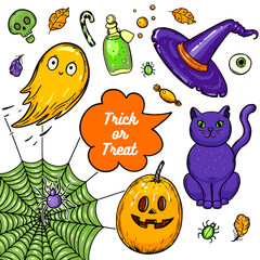Halloween hand drawn collection. Vector illustration. Colored design template.
