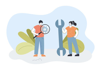 Technician looking through magnifying glass at gear. Tiny woman holding wrench, man studying mechanism flat vector illustration. Maintenance concept for banner, website design or landing web page