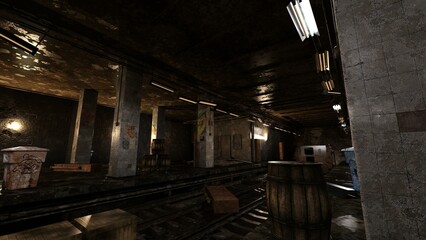 Obraz premium 3D-illustration of a destroyed and abandoned subway station