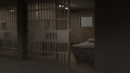 3D-Illustration of an empty cell with no prisoner - obrazy, fototapety, plakaty