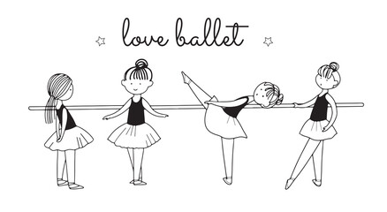 Set of cute little dancing ballerina characters in ballet skirts. Simple linear vector graphic illustration isolated on white. Ideal for girlish design, t-shirt
