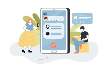 People using mobile app to schedule appointments. Meeting time and place of tiny man and woman on phone screen flat vector illustration. Service concept for banner, website design or landing web page