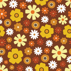 Vintage seamless pattern flowers. Design with camomile on a brown background vector illustration