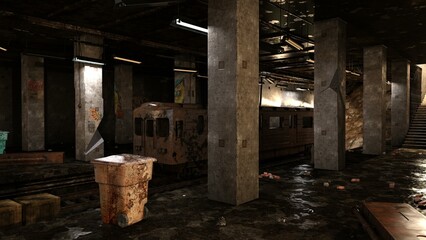Fototapeta na wymiar 3D-illustration of a destroyed and abandoned subway station