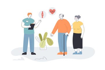 Medical checkup in hospital for old patients. Male doctor counseling senior man and woman flat vector illustration. Geriatric healthcare concept for banner, website design or landing web page