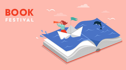 Book festival concept of a little girl sailing the boat and reading an open huge book. Fantasy and Imagination concept design. Vector illustration, poster and banner 