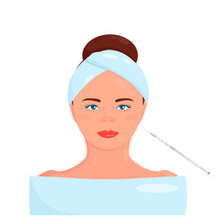 Vector illustration of injection for healthy glowing skin for smiling female client. Dermatologist make beauty procedures for woman patient in aesthetic medical clinic. Cosmetology concept. 