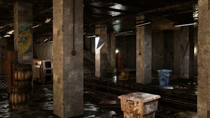 Fototapeta na wymiar 3D-illustration of a destroyed and abandoned subway station