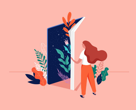 Book festival concept. Young woman opening a huge open book surrounding the many flowers, leaves, plants. Back to school, library concept design. Vector illustration, poster and banner
