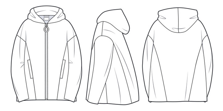 Zip-up Hooded Coat technical fashion illustration, oversized,  long sleeves, pockets. Unisex Jacket Coat template front, back, side views, white color. Women men unisex top CAD mockup.