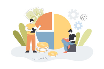 Team of corporate employees working with pie chart. Tiny male analysts analyzing financial statistics flat vector illustration. Budget, economy concept for banner, website design or landing web page