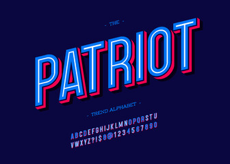 Vector bold patriot alphabet modern typography sans serif 3d style for book, promotion, poster, decoration, t shirt, sale banner, printing on fabric. Cool font. Trendy typeface. 10 eps - obrazy, fototapety, plakaty
