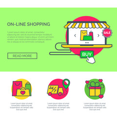 On-line shopping concept web site header with flat thin line icon. For advertising graphics, mobile apps, page layout design. Vector Illustration