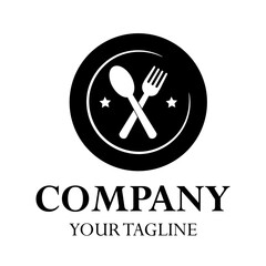 Spoon and fork logo combination with a plate and stars, best used for a restaurant logo. Restaurant logo with plate with a white isolated background.