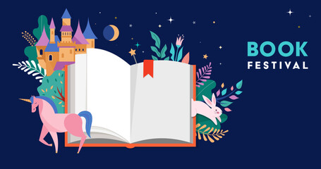 Book festival concept design. Open huge book with magic forest, castel, unicorn and flowers. Fantasy and Imagination concept design. Vector illustration, poster and banner 