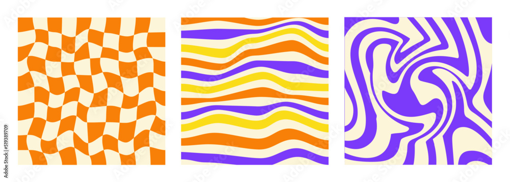 Aufkleber Set of square backgrounds in style retro 70s, 80s. Groovy hippie abstract psychedelic design. Vector illustration
