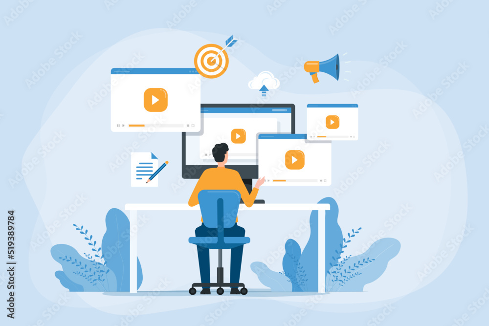 Poster Flat vector business video marketing content online concept and people create video and upload on cloud server concept

