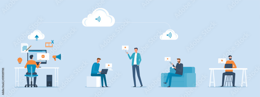 Poster flat vector business video marketing content online concept and people create video and upload on cl