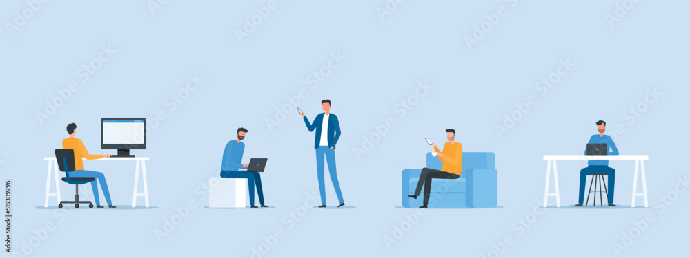 Poster flat vector design smart working concept people working online form anywhere with technology connection 