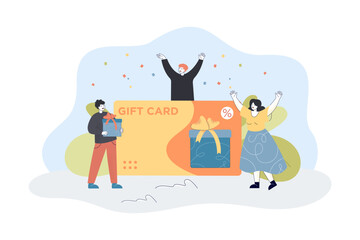 Happy customers receiving gift card. Store offer and incentive for tiny male and female consumers flat vector illustration. Discount, loyalty concept for banner, website design or landing web page