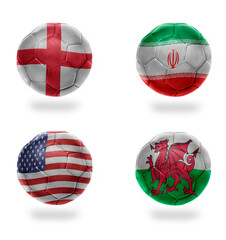 group B. realistic football balls with national flags of england, iran, usa, wales, ,soccer teams.