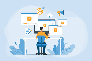 Flat vector business video marketing content online concept and people create video and upload on cloud server concept

