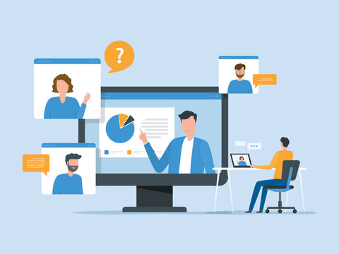 Flat Vector People Meeting Working Online With Video Conference Connect Concept And Technology Remote Working From Anywhere Concept