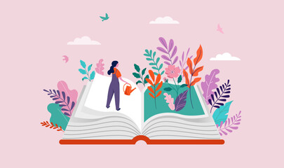 Book festival concept of the woman watering garden and reading an open huge book. Back to school, library concept design. Vector illustration, poster and banner