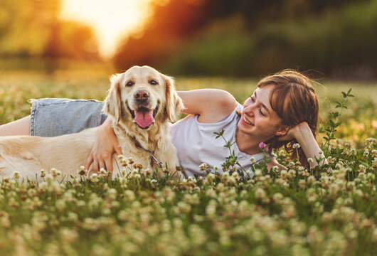 Portrait of teenage girl petting golden retriever outside in sunset - Powered by Adobe