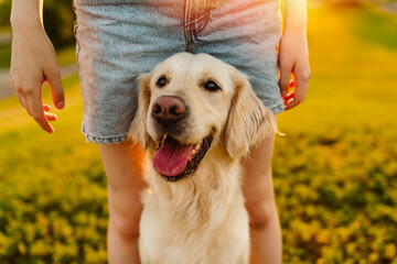 Portrait of teenage girl petting golden retriever outside in sunset