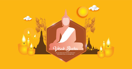 Big buddha temple religion on yellow vector background - Magha puja day, Vesak day banner, Thailand culture