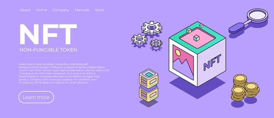 NFT landing page. Non-fungible token concept. Crypto money isometric illustration