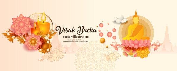 Thai pattern banner Buddhist tradition and buddha statue sit the on lotus flower vector background - obrazy, fototapety, plakaty