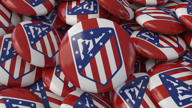 3d rendering of a lots of badges with te Logo of the Atl&eacute;tico de Madrid Football Club - Spanish Soccer Team