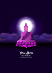 Big buddha purple sitting on moon vector background - Magha Puja, Asanha Puja, Visakha Puja Day, Buddhist holiday concept. Thailand culture