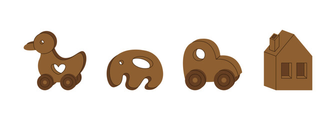 Set of wooden vintage toys for kids. Children car, duck, elephant, house. Educational nursery tools. Childhood, children games, preschool activities concept. Toy workshop.