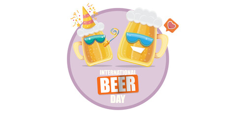 Happy international beer day horizonatal banner with cartoon funny beer glass friends characters with sunglasses isolated on white background. International beer day cartoon comic poster