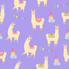 Fototapeta premium Cute llamas seamless pattern. Alpacas in birthday hats, gift boxes and flags. Background for birthday and baby shower design.