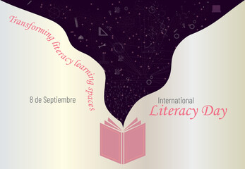 International Literacy Day.open to knowledge book with icons from different fields.