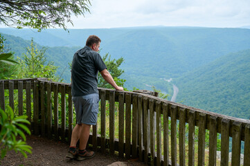 a man is looking thoughtfully into the distance from a wooden bridge down into the forested valley