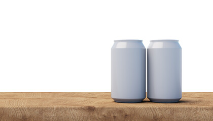 Aluminum can standing on a wooden board with a white background. 3d rendering